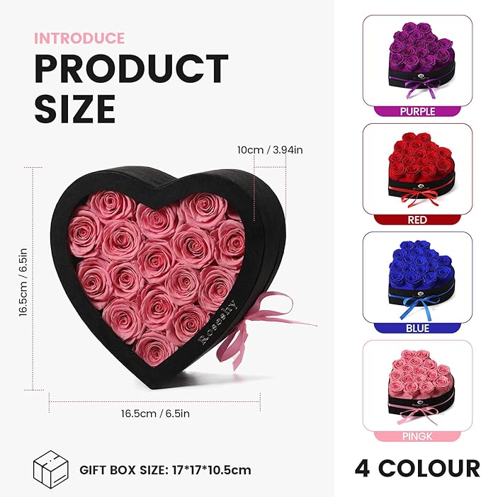 Valentines Day Flowers Roses Gifts for Her,16pcs Pink Forever Preserved Roses in Heart Shape Gift Box,Valentines Day Delivery Prime Gifts-Roses Gifts for Women,Mom.