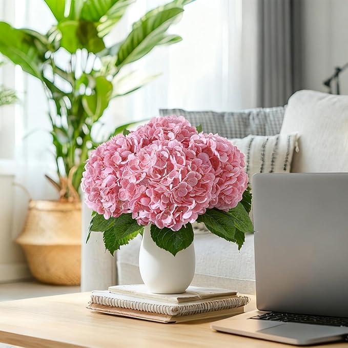 4 Pcs Artificial Hydrangea Silk Flowers with Stems, 19.7" Pink Faux Hydrangeas Bouquet, 240 Petals, UV Resistant & Waterproof Fake Flower for Outdoor Wedding Home Decor