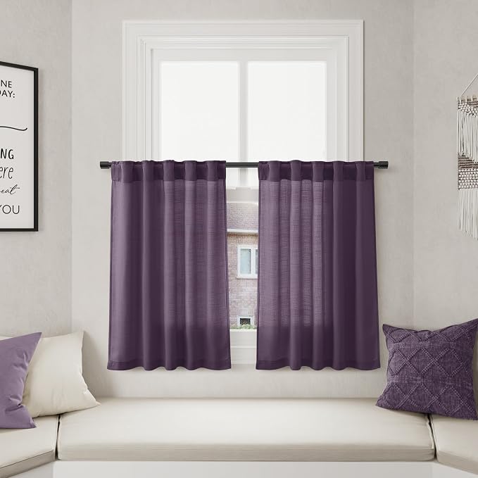 Plum Linen Cafe Kitchen Curtains 24 Inch Length Linen Blend Light Filtering Short Tier Curtain Vintage Rod Pocket Back Tab Design for Small Windows Cafe Bathroom Laundry Room 2 Panels 36Wx24L