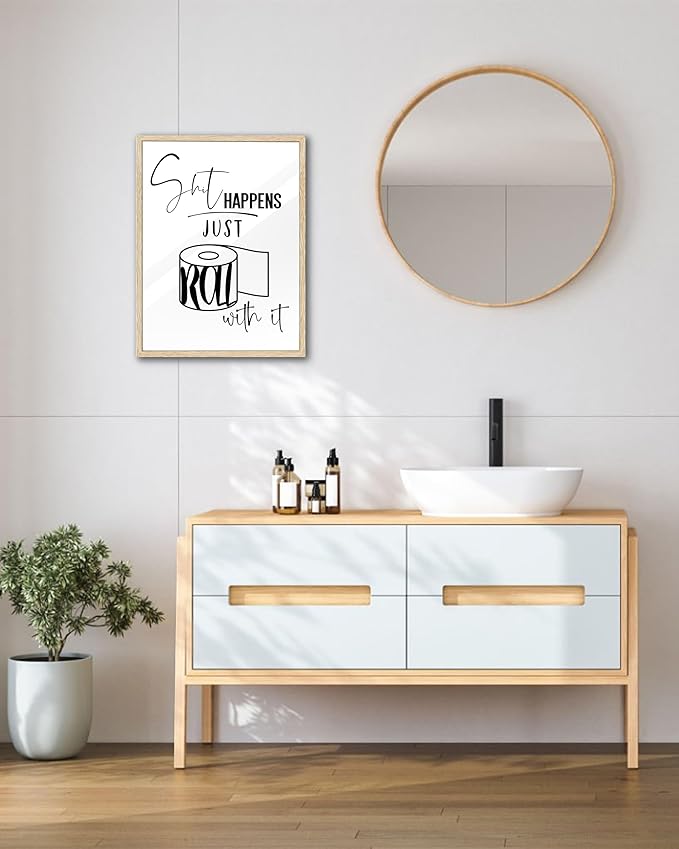UPWOIGH Funny Toilet Paper Oak Framed Canvas Wall Art, 12x16in Black and White Bathroom Humor Print, Modern Minimalist Poster Wall Decor for Restroom or Washroom, 1Pack Gift Idea