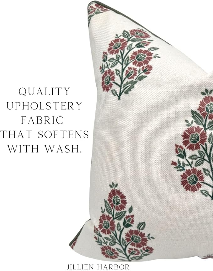 Jillien Harbor “The Sutton” Burgundy & Deep Green Floral Block Print Pillow Cover – Off-White Decorative Festive Throw Pillow Cover – Grandmillennial Home Decor, 20" x 20"
