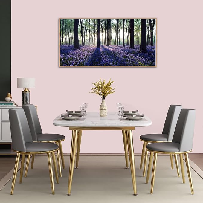 yearainn Framed Purple Lavender Forest Canvas Wall Art 24" x 48" | Lavender Field Sunlight Trees Canvas Picture, Nature Landscape Painting Artwork for Home Wall Decor, Natural Wood Frame