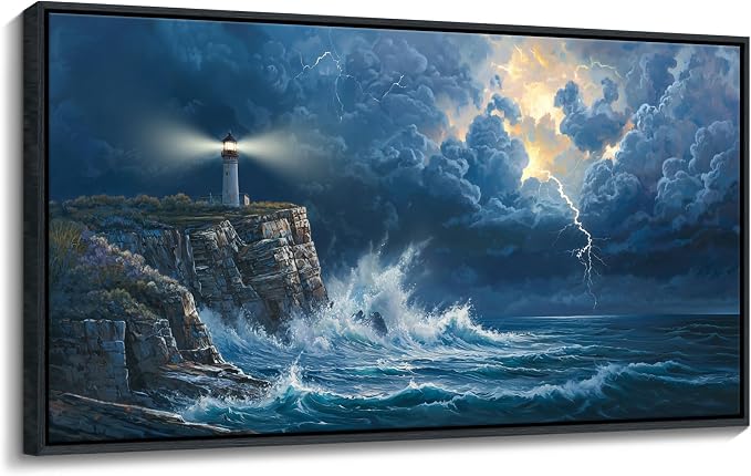 Coastal Wall Art Framed Ocean Canvas Painting Navy Blue Picture, Lighthouse Artwork for Dining Room,Living Room,Bedroom Decoration Can be Hung Directly Size 20x40 Inches