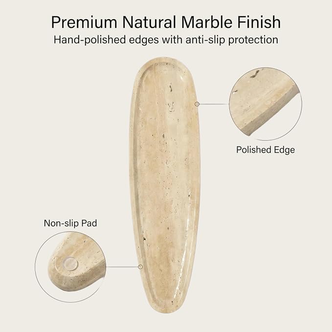Natural Travertine Vanity Tray, 16.6"x4.6" Real Marble Decorative Tray for Bathroom Countertop & Home Decor, Catchall Organizer for Jewelry, Candles, Cosmetics & Perfume（Travertine）