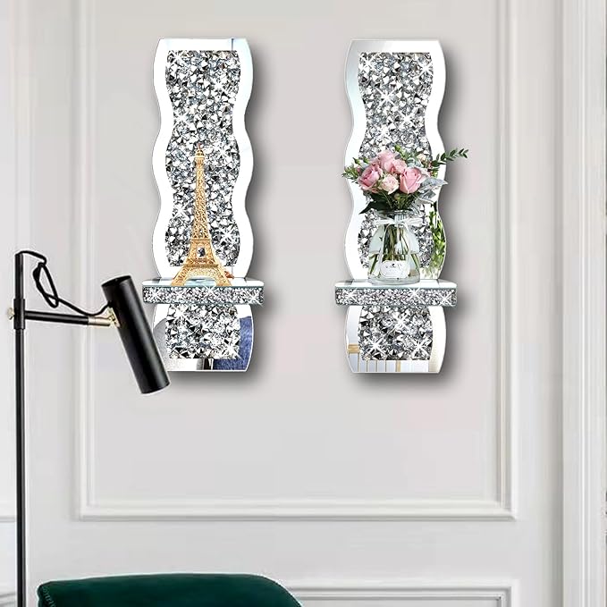 ZOLAPI Set of 2 Crystal Crush Diamond Candle Sconces, Gorgeous Silver Mirrored Wall Sconce, Wave Pattern Irregular Candle Holder Glass Wall Decorations for Home Décor, Living Room, Dining Room.