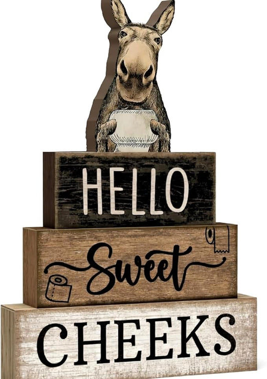 Moucuny 4 Pcs Donkey Bathroom Decor Set Farmhouse Bathroom Decor and Accessories Rustic Hello Sweet Cheeks Wooden Blocks Signs Funny Donkey Toilet Shelf Decoration for Home Office Half Bath