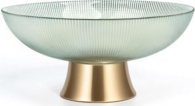 Round Glass Decorative Bowl (Green), 9.8 Inches Handblown Striped Design Glass Bowl with Rust Resistant Metal Base,Decor Fruit Bowl for Home Decor,Table Centerpiece,Kitchen Island and Dining Decor