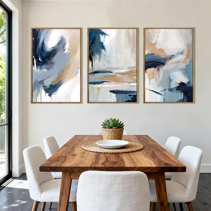 Anyzal Extra Large Blue Abstract Wall Art Framed 24x36 Inch Neutral Modern Canvas Wall Decor Minimalist Pastel Artwork for Living Room Bedroom Dining room Set of 3