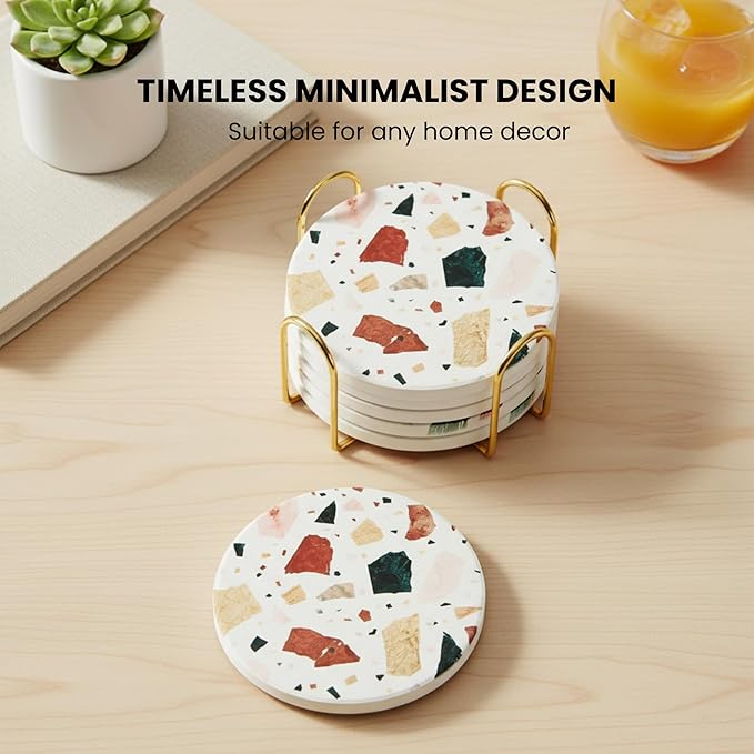 Absorbent Coaster Set of 6 with Holder, Drink Coasters for Coffee Table, Kitchen, Home Decor, Cute Ceramic Round Coasters, Alternative to Silicone, Cork or Glass Coaster (Terra)