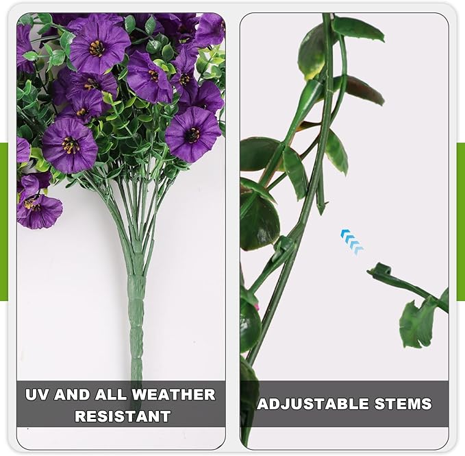 ADXORA Fake Artificial Hanging Morning Glory Flowers for Outdoor Planters Porch Pation Decoration,2 PCS UV Resistant Silk Faux Flowers with Realistic Eucalyptus Plants for Home Office Garden Decor