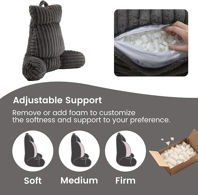 Amélie Home Faux Fur Reading Pillow with Pocket for Sitting in Bed, Adult Backrest Bed Pillow with Washable Cover for Lounging, Watching TV/Reading/Gaming/Resting/Post/Surgery/Nursing, Grey 29 inches