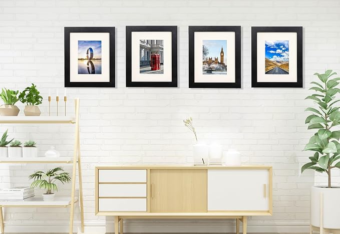 The Display Guys - Black Wooden Minimalist Picture Frames Set - Tempered Glass - 8x10 matted to 5x7 - Tabletop Easel - 4-Pack