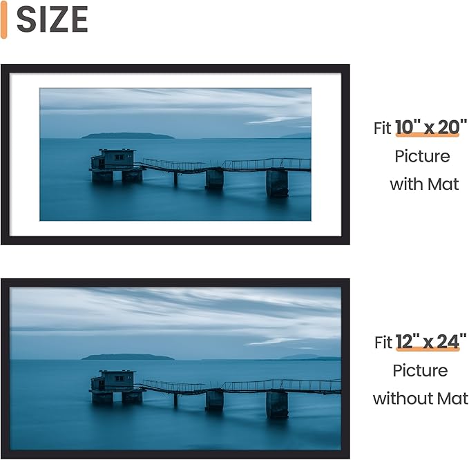 upsimples 12x24 Picture Frame, Display Pictures 10x20 with Mat or 12 x 24 Without, Wall Hanging Poster Frames, Black, 1 Pack