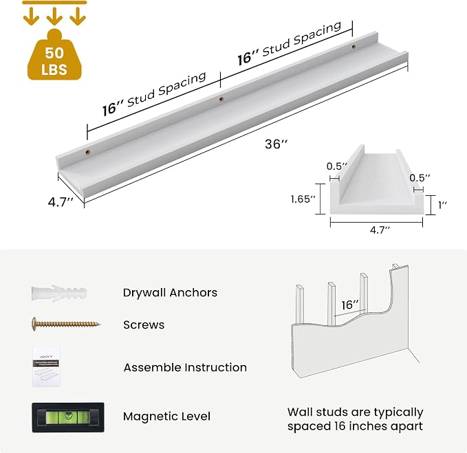 Acovy Solid Ash Wood Picture Ledge Shelf, 36 Inch, White, Set of 2 | Floating Shelves with Lip, Photo Ledge, Wall Mounted, For Nursery Bookshelf Living Room Bedroom