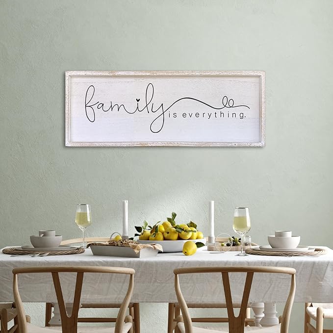 Family is Everything Wall Decor 40"x15" Living Room Large Warm Wood Framed Farmhouse Vintage Sign Home Beautiful And Simple Ready To Hang Hallway Entryway Wall Art Decoration (White)