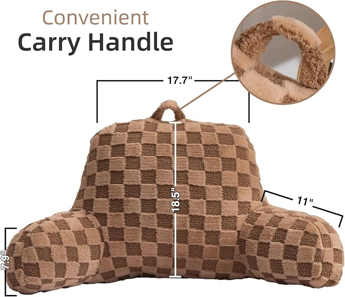 A Nice Night Faux Fur Reading Pillow,Checkered Fluffy Grid Plaid,Bed Wedge Pillow Large Adult Children Backrest with Arms for Bedrest,Brown