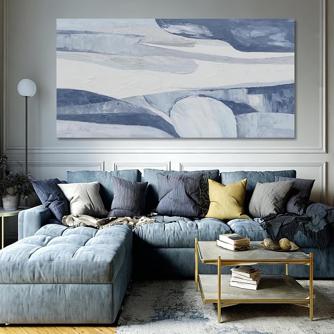 Hue7Art Abstract Blue and White Canvas Wall Art Contemporary Minimalist Landscape Artwork with Flowing Lines for Living Room Bedroom Office Entryway Wall Decor 29x58 Inch