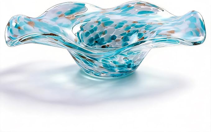 Hand Blown Murano-style Art Glass Bowl, 10.2-Inch Large Decorative Centerpiece for Table, Cobalt Blue Fruit Display & Kitchen Counter Decor