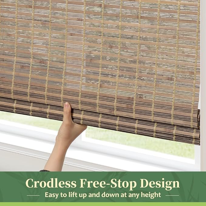 AGESISI Bamboo Roman Shades with Valance Cover, Cordless Blinds for Indoor Windows, Light Filtering Woven Wood Shades for Home & Patio, Privacy Protection, 32" W x 64" H, Grey