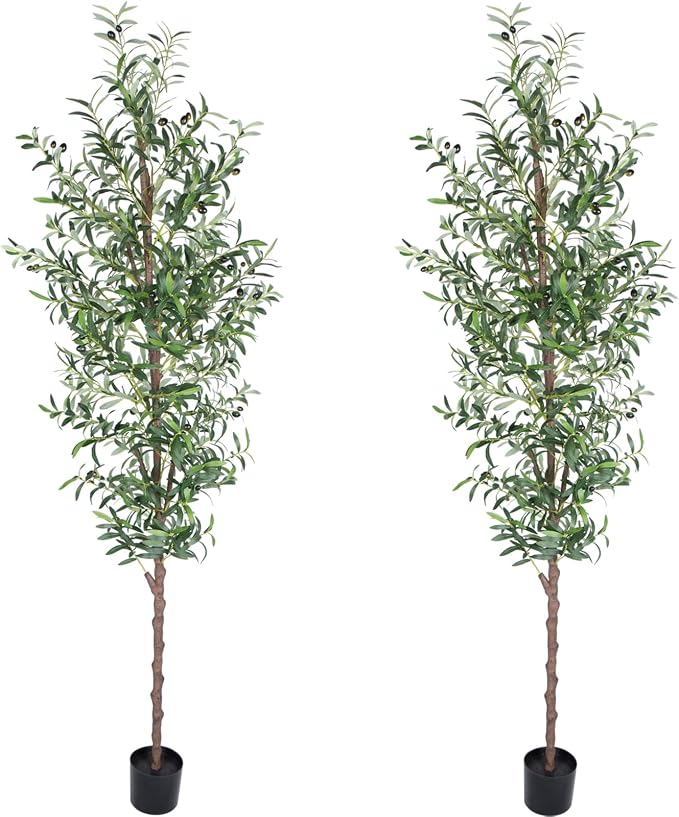 Faux Olive Tree, 8 Feet, 2-Pack | 1574 Leaves, 48 Fruits, Realistic Trunk, Indoor & Outdoor Use