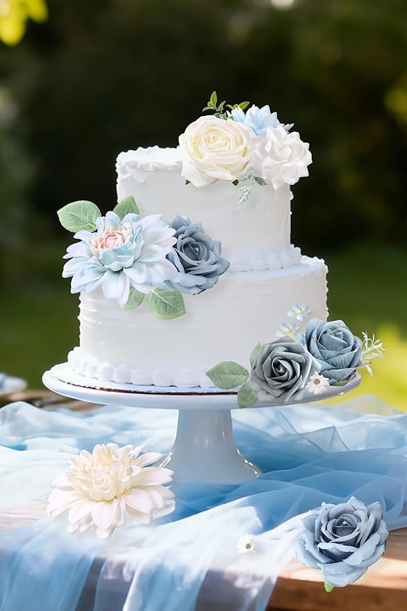 rongflower Blue Artificial Flowers Combo Box Set Silk Flowers Fake Rose for DIY Floral Arrangements Wedding Bouquets Centerpieces Baby Shower Party Home Decorations