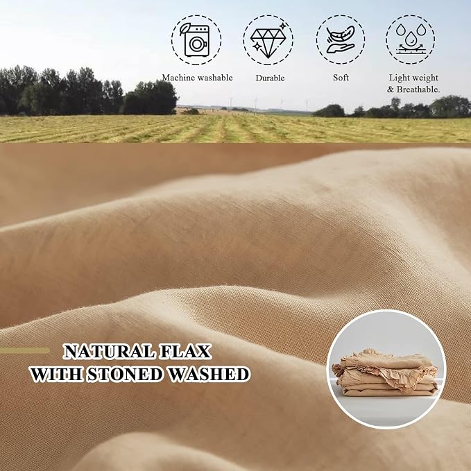 Simple&Opulence 100% Linen Duvet Cover Set, 3 PCS Natural French Flax Sand Ruffle Duvet Cover Queen Size, Breathable Comfy Linen Bedding Comforter Cover with 2 Pillowcases (Sand, 88" X 92")