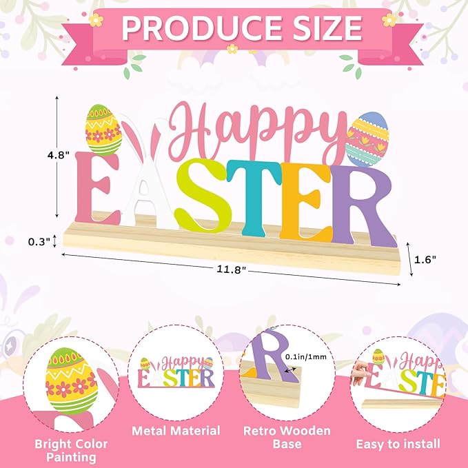 Happy Easter Metal Table Sign, Easter Table Decoration Centerpiece, Metal Letter Sign with Wooden Base,Colorful Spring Tabletop Decor for Home, Office, Shelf, Mantel, Indoor
