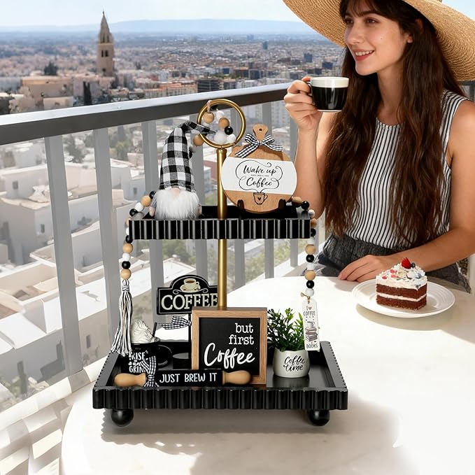 Coffee Tiered Tray Decor Set, 8 Pcs Farmhouse Rustic Tabletop Coffee Decorations for Home Office Table Shelf Mantel Coffee Bar Centerpiece Coffee Time Decor Wooden Sign Decorative Objects Bundle