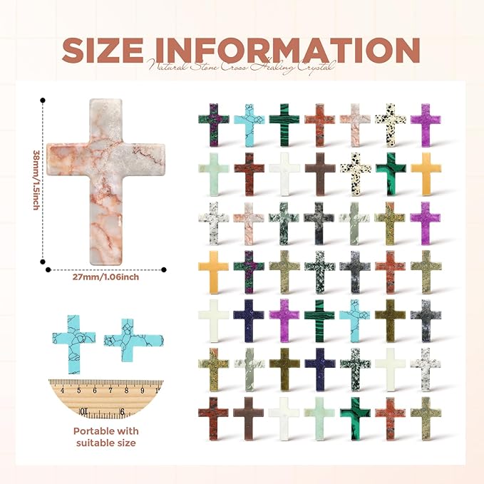 Nuenen 50 Pcs Easter Cross Crystal Stone Bulks 1'' Natural Crystal Wall Cross Shaped Worry Stones Charm Pocket Quartz Gift Halloween Easter Decor(1.5 x 1.06 x 0.24 Inch,Lovely)