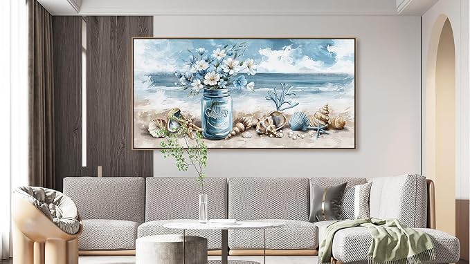 yearainn Coastal Framed Wall Art - Rustic Jar Flowers Canvas Pictures Wall Decor Seashells Seaside Painting Artwork Ocean Landscape Prints Living Room Office Home Decor Natural Wood Frame 40" x 20"