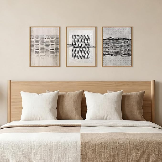 Large Abstract Black and Beige Framed Canvas Wall Art,Minimalist Geometric Lines Wall Decor,Cozy Neutral Shapes Artwork,Modern Lines Dots Art Print for Living Room,Bedroom,Office- 12"x16"x3