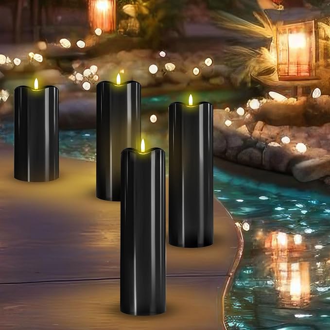 Rossesay 8" 10" 12" 14" X 4" Large Waterproof Outdoor Flameless Candles, 4 Pcs LED Pillar Candles with Remote and Timers Battery Operated Jumbo Flickering for Home Patio Church Lanterns(Black)