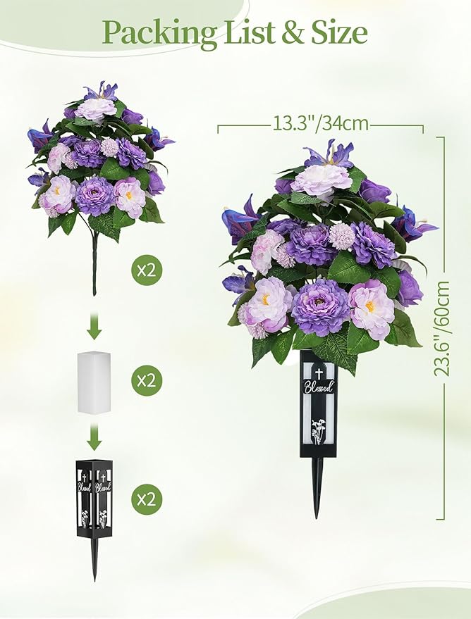 Silk Grave Flowers for Cemetery: 2 Pcs Purple Cemetery Flowers Grave Decorations Spring Easter Mothers Memorial Day - Outdoor Artificial Camellia Bouquets with Vases for Graveside