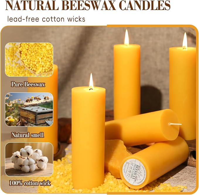 3 Pack Beeswax Pillar Candles,60 Hour Unscented Yellow Beeswax Candle | 2x6 Inch,Organicn Natural 100% Pure Bees Wax Candles for Home,Emergency, Non-toxic Dripless Pillar Candle Bulk