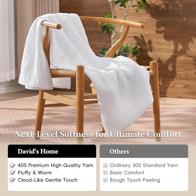 David's Home 100% Cotton Muslin Blanket Twin Size for College Dorm, 4-Layer Soft Breathable Lightweight Comfy Cozy Throw Guaze for Hot Sleepers, 3D Bubble Room Decor for Bed, Giftable, White, 66"x90"
