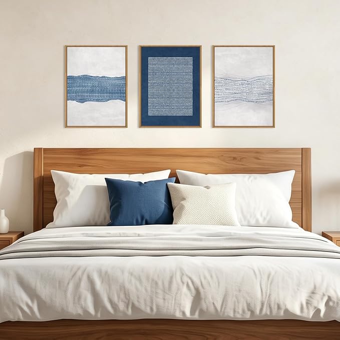 Large Abstract Navy Blue and White Framed Canvas Wall Art Set,Modern Neutral Geometric Waves Lines Dots Wall Decor,Mid Century Minimalist Boho Artwork for Living Room,Bedroom,Office- 12"x16"x3