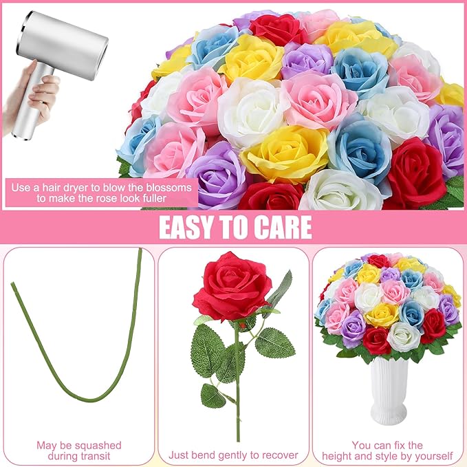 36 Pcs Mixed 6 Color Artificial Roses with Long Stems, Fake Silk Rose Artificial Flowers Bulk for Bridal Wedding Bouquet Centerpiece Ball Arrangement Party Decor