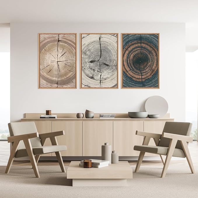Vintage Beige Tan Tree Ring Framed Canvas Wall Art Set,Modern Neutral Gray Wood Stump Wall Decor,Rustic Wooden Tree Spiral Artwork for Living Room,Bedroom,Farmhouse-24 x36 x3