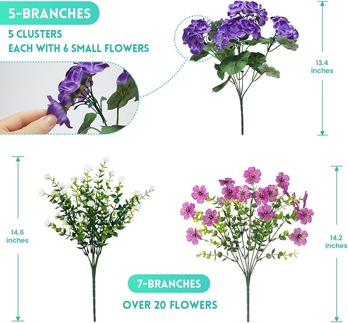 Hrobek Artificial Flowers for Outdoors Faux Plants Outside Indoor,Realistic UV Resistant Silk Fake Geranium Daisy for Home Patio Garden Back Yard Front Porch Decor Spring Summer(12 Bunches)