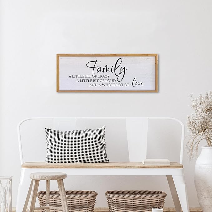Family A Little Bit Of Crazy Sign Wall Decor 32"×12" Rustic Farmhouse Living Room Large Soild Wood Framed Hallway Hanging Sign Aesthetic Inspirational Quotes Entryway Home Wall Art (Wood)