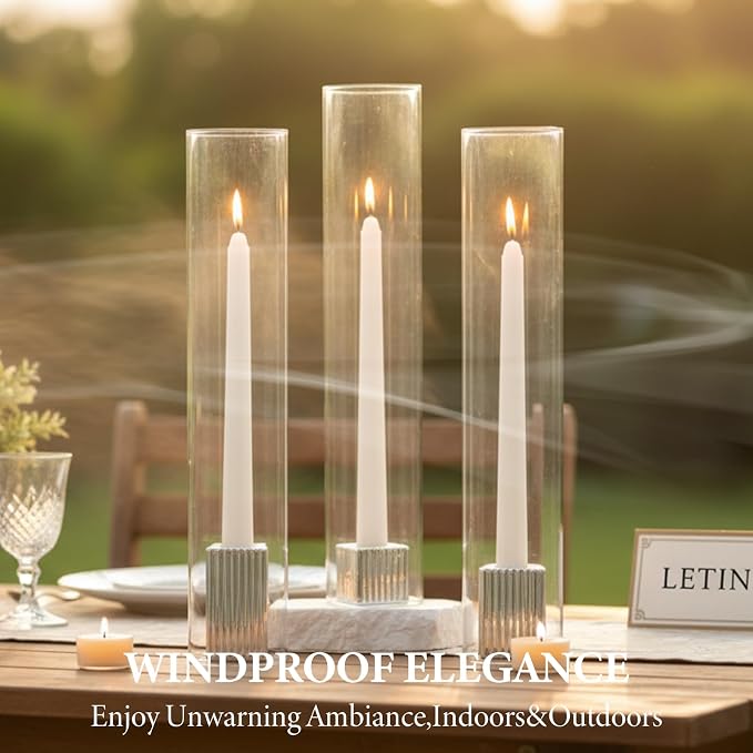 LETINE Hurricane Candle Holders with Silver Ribbed Taper Candle Holders Set of 9 (14")– Bulk Windproof Taper Candle Hurricane Glass for Outdoor&Indoors Wedding Centerpiece, Event & Home Decor
