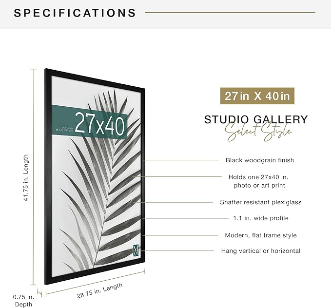 MCS Studio Gallery Movie Poster Frame 27x40 Black Woodgrain Engineered Wood, Vertical & Horizontal Wall Hanging Large Picture Frame for Photos, Artwork & Custom Posters (1-Pack)