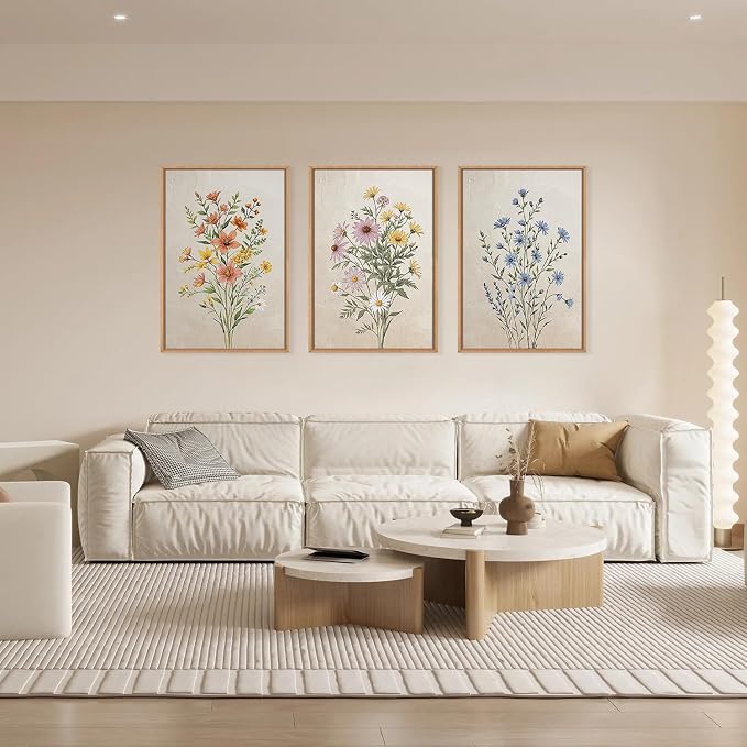 HPINUB Colorful Wildflower Canvas Framed Wall Art Set,Minimalist Botanical Floral Wall Decor,Vintage Flower Artwork,Modern Watercolor Boho Bouquet Art Print for Living Room,Bedroom,Farmhouse-24"x36"x3