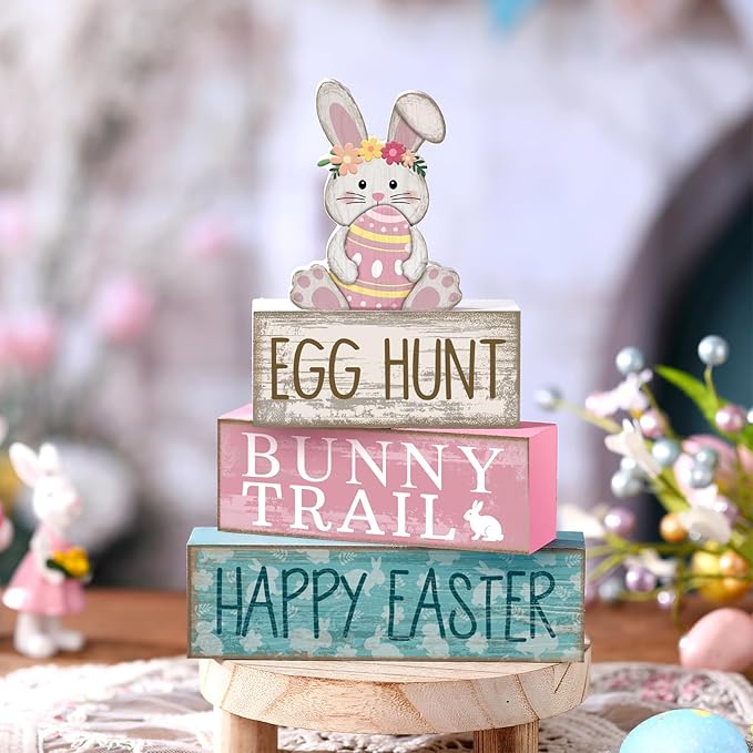 Lineshading 4 Pcs Easter Bunny Table Decor Wooden Pastel Bunny - 3-tier Wooden Tabletop Sign with 3D Floral Rabbit & Egg, Rustic Farmhouse Decorations for Home Easter Egg Hunt Party Centerpiece Gift