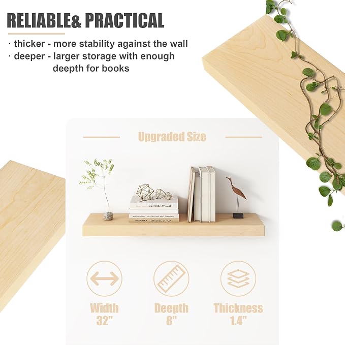 Floating Shelves for Wall, USA-Sourced Maple Wood 32 Inch Wall Shelves Set of 2, Natural Wooden Mounted Picture Ledge Shelf, Nursery Book Storage Shelf Kids Bookshelf Display, Shelf for Bathroom