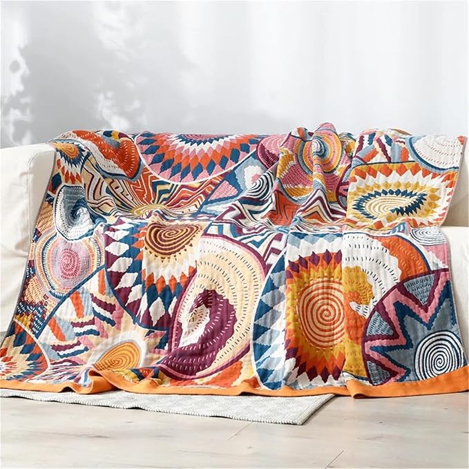 MSGKV Boho Throw Blanket for Couch 50"x60" 100% Cotton Sofa Blanket Summer Breathable Lightweight Blanket Home Decor Muslin All Seasons