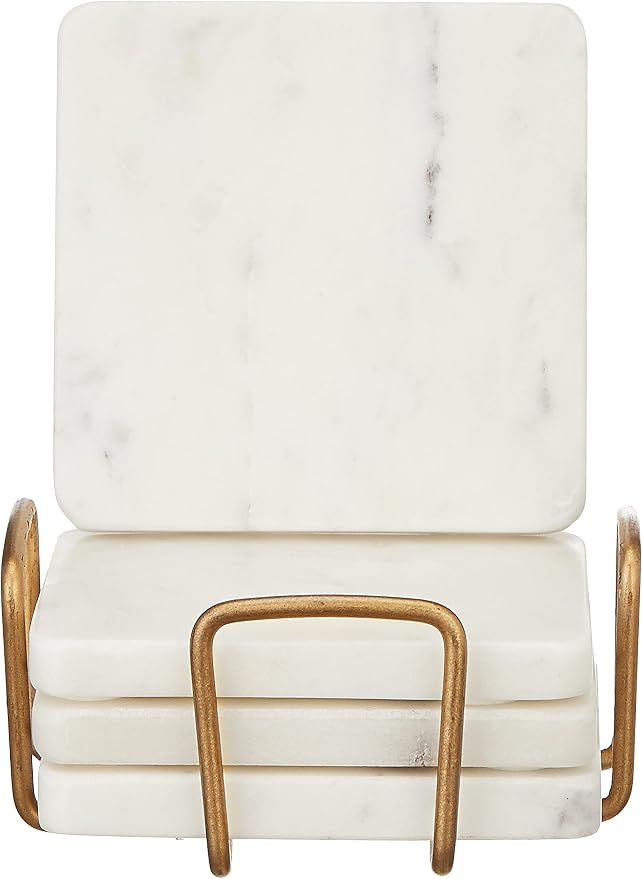 Queenza White Marble Coaster Set with Holder, 4 Inch Square Modern Coasters for Coffee Table - Coasters with Padded Bottom