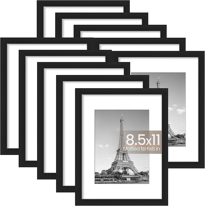 upsimples 8.5x11 Picture Frame Set of 10, Display Pictures 6x8 with Mat or 8.5x11 Without, Multi Photo Frames Collage for Wall or Tabletop Display, Black