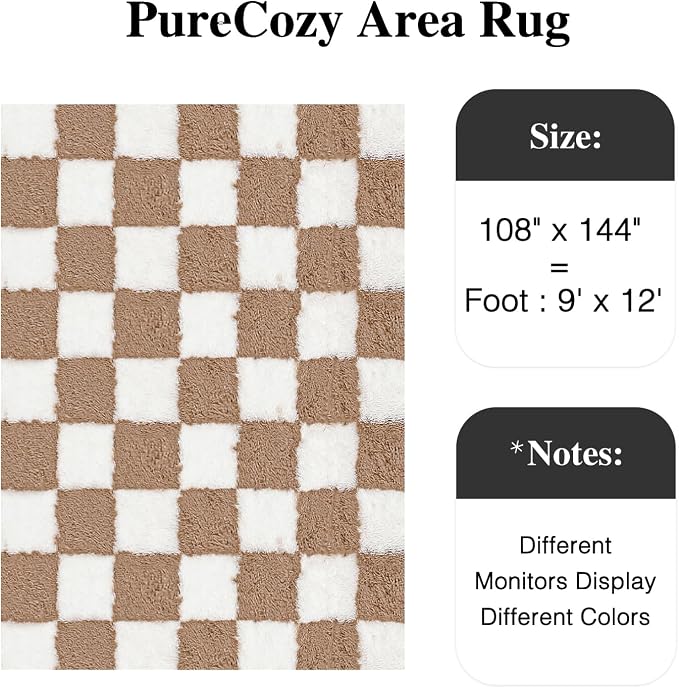 PureCozy 9x12 Area Rugs for Living Room Brown Soft Shag Checkered Large Rug Modern Washable Indoor Office Fuzzy Carpet Non-Slip Fluffy Rugs for Bedroom Nursery Dorm Playroom Home Aesthetic Decor