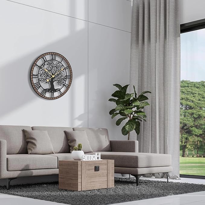Micasso Farmhouse Oversize Wall Clock: 32Inch Rustic Tree of Life Metal with Wood Frame - Vintage Battery Operated Wall Clocks for Living Room/Fireplace/High-Ceiling - Home Decor for Housewife